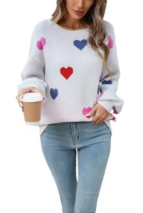 Jersey holgado con patrón de corazón para mujer, suéter de punto blanco Kawaii con cuello redondo, manga larga, tendencia juvenil - 1