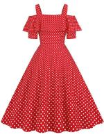 Vestido de fiesta Vintage elegante con hombros descubiertos, vestidos Midi de verano con lunares y volantes para mujer - details 27