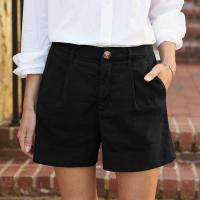 Pantalones cortos de verano para mujer, pantalones cortos de sarga elásticos suaves con bolsillos laterales, pantalones cortos cómodos clásicos lisos con botones rectos para ir al trabajo diario - details 1
