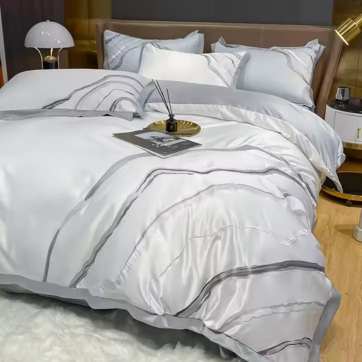 Juego de Cama de Europeo Simple con 60 Hilos Lavado y Doble Cara Suave como Seda de Hielo Juego de 4 Piezas con Funda de Edredón y Sábana - 1