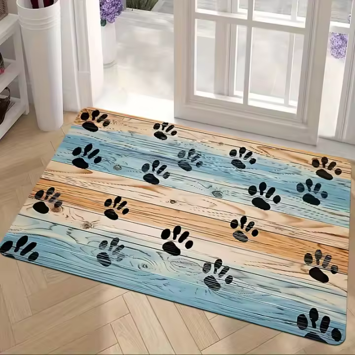 1 alfombra de entrada con estampado de pata negra y grano de madera, alfombra antideslizante para uso en interiores y exteriores, franela fácil de limpiar - 1