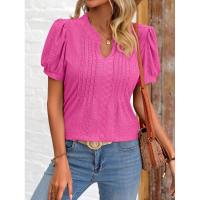 Camiseta holgada de Color sólido de manga corta con cuello en V para mujer a la moda de estilo coreano para verano - details 13
