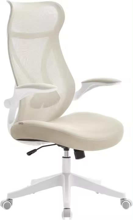 Silla de Oficina, Silla de Escritorio, Respaldo Ergonómico, Altura Ajustable, Reposabrazos Plegables, Silla Giratoria con Reposacabezas, Carga de 150 kg, Beige Capuchino OBN088K01 - 1