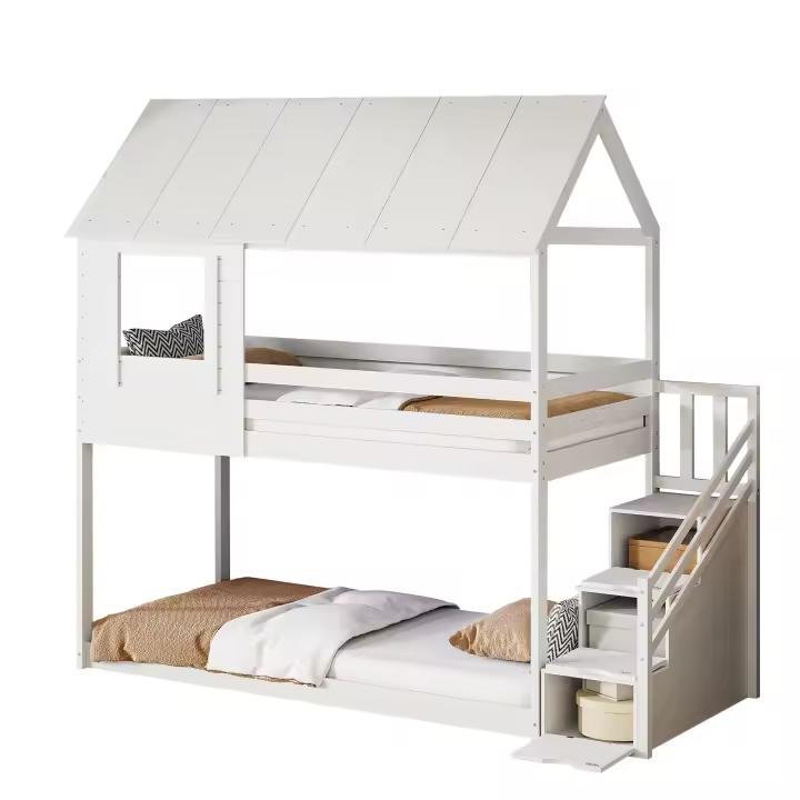Cama de Madera para Niños 90 X 200 cm Seguridad con Varillas Almacenamiento de Peldaños - 1