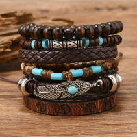 Conjunto de 6 pulseras boho madera cuentas vintage cabeza de toro ojos plumas multicapa artesanales regalos para hombre - details 18