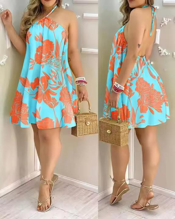 Vestido halter con estampado tropical, espalda descubierta, estilo vacacional para primavera y verano, ropa de mujer. - 1