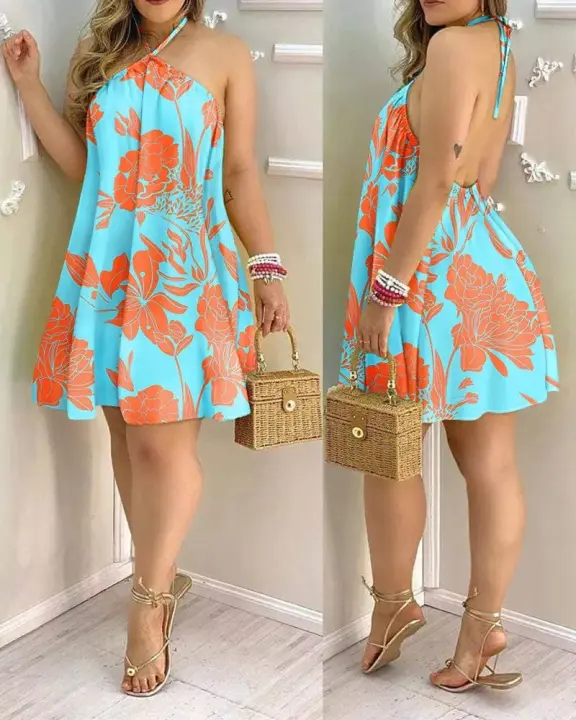 Vestido halter con estampado tropical, espalda descubierta, estilo vacacional para primavera y verano, ropa de mujer. - 1