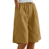 Pantalones Cortos de Lino y Algodón para Mujer Color Sólido, Cintura Suelta, Bolsillo, Botón, Moda Casual - details 12