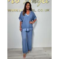 Conjunto de pantalón largo con cuello en V y ribete, informal, de talla grande, para mujer, artículo popular - details 3