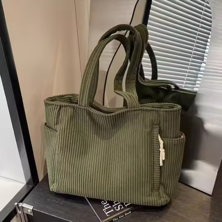 Bolso informal de pana con cierre de cremallera, ligero y de gran capacidad, correa fija para el hombro, bolso de viaje diario de Color sólido - 1