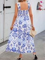Vestido largo con tirantes y espalda desplegada para mujer, ribete elástico plisado con estampado vintage, cómodo, informal, para vacaciones - details 10