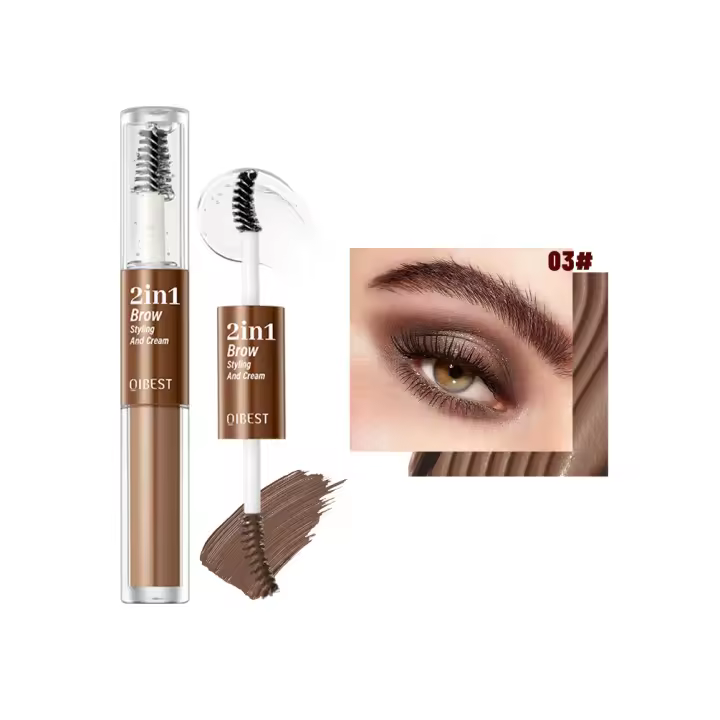 QIBEST Gel transparente para cejas, cera para cejas 2 en 1, cepillo líquido para cejas resistente al agua, tinte negro para cejas, maquillaje de ojos cosmético - 1