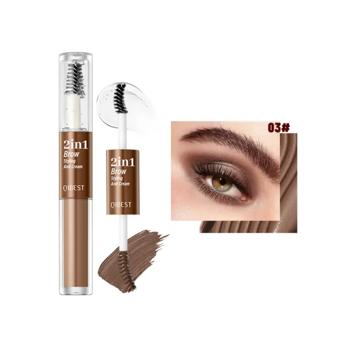 QIBEST Gel transparente para cejas, cera para cejas 2 en 1, cepillo líquido para cejas resistente al agua, tinte negro para cejas, maquillaje de ojos cosmético - 1