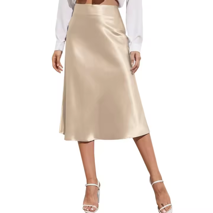 Falda acampanada de satén estética para mujer, falda con abertura lateral de color sólido y cintura alta con cara brillante y cremallera hasta la rodilla, ropa de oficina - 1