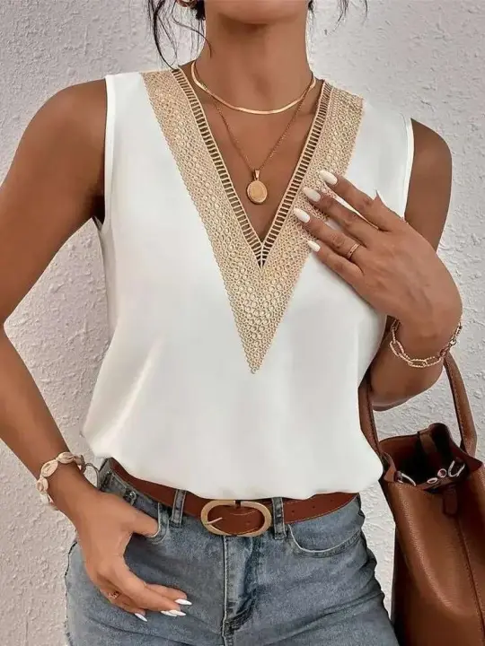 Blusa de encaje Parchwork para mujer, camiseta holgada con agujeros para verano, ropa de calle informal, Top sin mangas con cuello en V Lac - 1