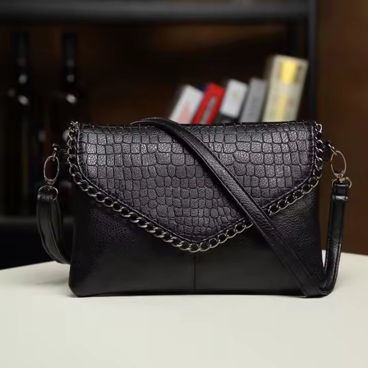 Famgem Bolso De Hombro Para Mujer Estilo Casual Cuero PU Negro Con Cadena Y Estampado De Piedra Bolso De Mano Envolvente Tendencia 2024 - 1