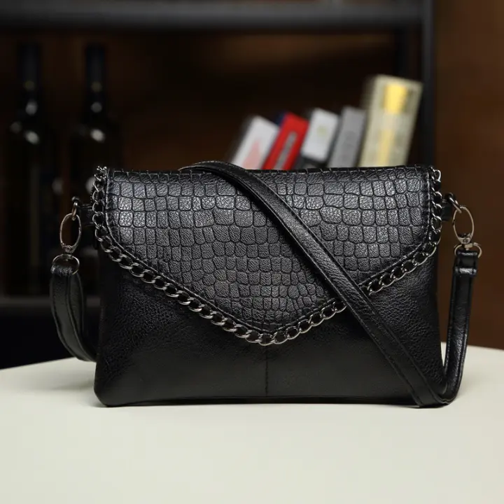 Famgem Bolso De Hombro Para Mujer Estilo Casual Cuero PU Negro Con Cadena Y Estampado De Piedra Bolso De Mano Envolvente Tendencia 2024 - 1