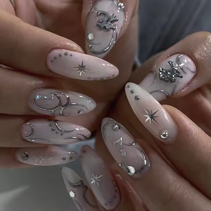 24 piezas de uñas postizas de almendra con diseño de flores 3D y degradado, uñas postizas portátiles de ABS francés para bodas - 1