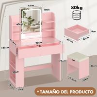 Tocador de Maquillaje con Luces LED, Brillo Ajustable, Mesa de Maquillaje con Espejo, con 2 Cajones Grandes y 4 Estantes Abiertos y Taquilla Lateral, Moderno, 90x40x135cm, Blanco - details 26