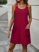 Vestido casual de verano con cuello redondo, sin mangas, textura gofre y botones decorativos. - details 7
