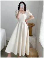 Elegante Vestido Largo Adelgazante para Mujer Manga Abullonada, Cuello Cuadrado, Ligero para el Verano con Falda Blanca Ajustada a la Cintura - details 0