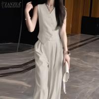 ZANZEA Conjunto De Verano Para Mujer 2 Piezas Top Irregular Y Pantalones De Pierna Ancha Moda Coreana Elegante Ropa De Oficina - details 4