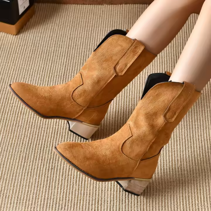 Botas medianas, botas cortas puntiagudas, vaqueras, occidentales, casuales, retro, moda versátil, botas de mujer - 1