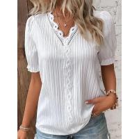 Camiseta nueva de verano para mujer, camisa de manga corta hueca con cuello en V, blusa de empalme a la moda 2024 - details 0