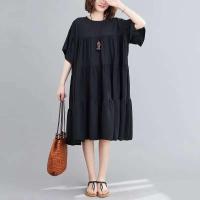 Verano de gran tamaño suelta tendencia algodón y Color sólido parece Midi ropa de mujer vestido fino Casual coreano - details 4