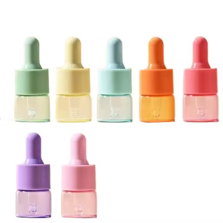 Juego de Mini botellas cuentagotas rellenables, Color de macarrón, viales de aceite esencial de vidrio reutilizables, Bombilla de goma, cuentagotas de vidrio vacío, 7 Uds. - 1