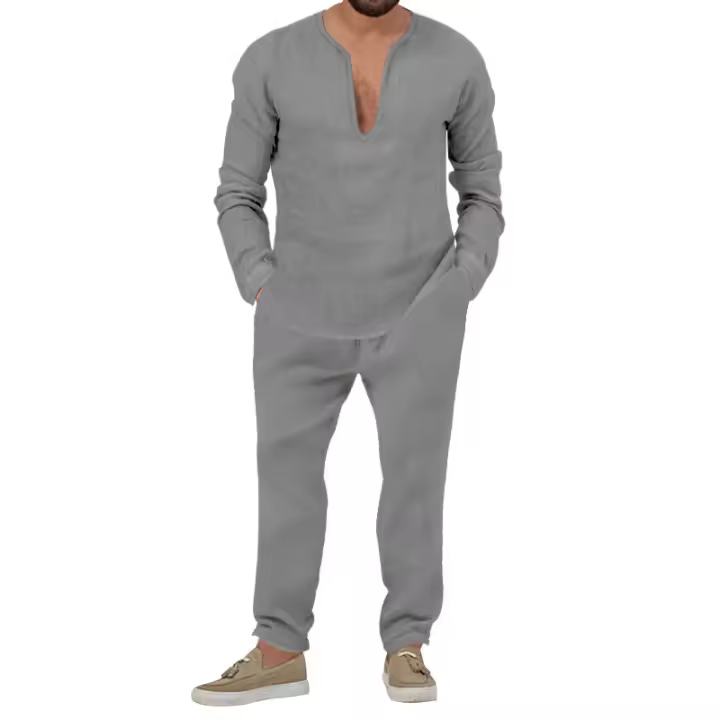 Conjunto de ropa de lino para hombre, ropa deportiva informal de manga larga, Color sólido, Otoño, 2023 - 1