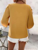 Blusa holgada de talla grande para mujer, color amarillo liso, camisa informal de media manga con cuello cuadrado y estilo de gran tamaño, aspecto veraniego - details 6
