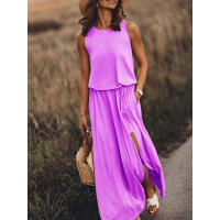 2025 verano nueva ropa de mujer europea y americana vestido sin mangas con cuello redondo vestido largo de color sólido multicolor con puntas divididas. - details 5
