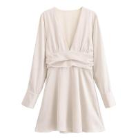 Mini vestido liso de satén de otoño para mujer, Vestidos informales de manga larga con cuello en V y cintura fruncida, Vestidos femeninos - details 0