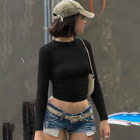 BUNO-2025 primavera nueva camiseta de manga corta para mujer sólido Simple Casual suave todo-fósforo caliente básico Crop Tops camisetas moda de verano - details 5
