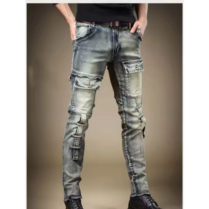Jeans Moto Denim Vintage Azul Pantalones de Moda para Hombres de Alta Calidad con Bolsillos Elásticos Ropa de Calle de Otoño Nueva - 1