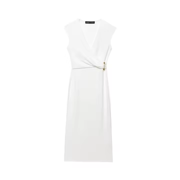 BUNO-Vestido con broche, cuello en V, sin mangas, vestido plisado para mujer, vestidos Midi para mujer, vestidos largos elegantes para mujer - 1