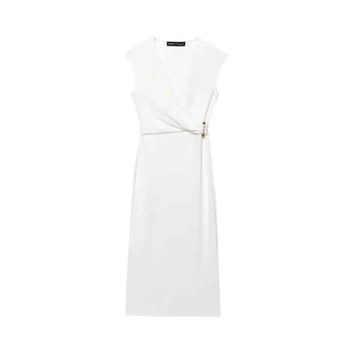 BUNO-Vestido con broche, cuello en V, sin mangas, vestido plisado para mujer, vestidos Midi para mujer, vestidos largos elegantes para mujer - 1