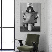 Póster de Mono de Baño Divertido JUBEER en Blanco y Negro Pintura en Lienzo de Animal de Baño Leyendo el Periódico Decoración de pared para el hogar - details 2