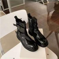 Tobillo con cremallera de color sólido con punta redonda y doble hebilla para mujer, botas de moto de cuero con parte superior - details 5