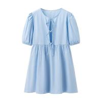 BUNO-vestidos minimalistas lisos empalmados con cordones para mujer, vestido con temperamento de cintura alta y manga corta con cuello redondo para mujer - details 6