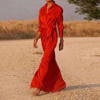 Casual Oficina solapa cuello en V Maxi primavera mujeres manga camisas sólidas vestido elegante señora encaje hasta Split vestidos largos delgados - details 1