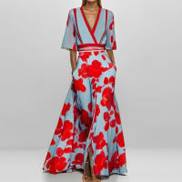 Vestido de falda grande con cordones estampado con cuello en V y temperamento elegante y a la moda para mujer 2025 - details 3