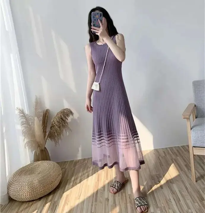 Gidyq, camisola de punto para mujer, moda coreana, vestido de malla con retazos, vestido femenino elegante que combina con todo, vestido veraniego con Base elástica, nuevo - 1