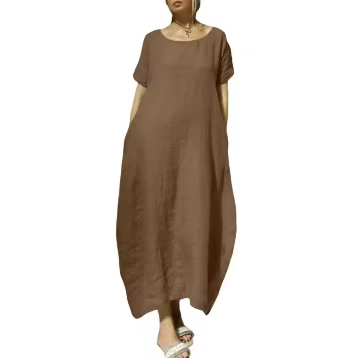Vestido largo casual de verano para mujer, manga corta, cuello redondo TRE, bolsillos, largo hasta el tobillo - 1
