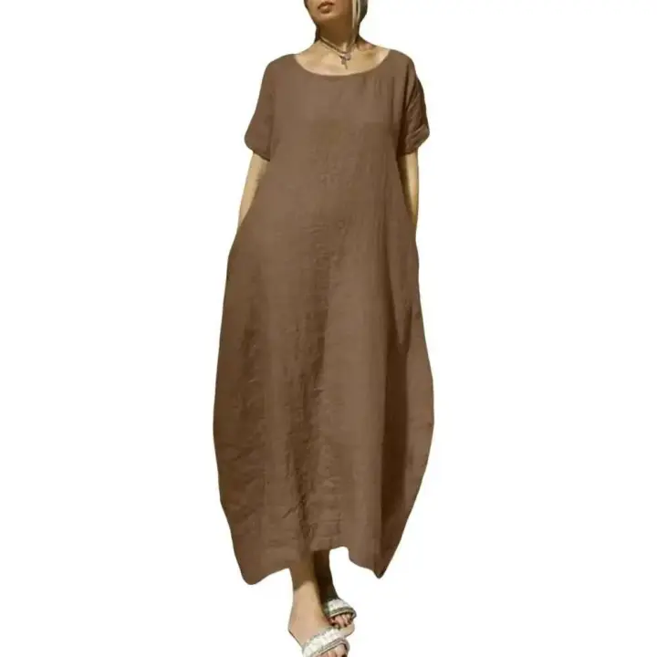 Vestido largo casual de verano para mujer, manga corta, cuello redondo TRE, bolsillos, largo hasta el tobillo - 1