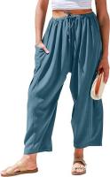 Pantalones de pierna ancha de lino para mujer, pantalones casuales sueltos de playa Palazzo Harem con bolsillos - details 0