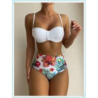 Conjunto de bikini bandeau liso, estampado tropical sexy, traje de baño mejorado para mujer, traje de baño de cintura alta con encaje en la espalda, ropa de playa - details 10