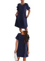 Verano para mujer, manga corta, corte A, mini vestido de playa informal con cuello redondo - details 2