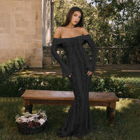 BUNO-Oligai elegante vestido ajustado con hombros descubiertos 2025 nuevo en blanco vestido largo de encaje con mangas acampanadas vestido de invitados de boda para mujer - details 21